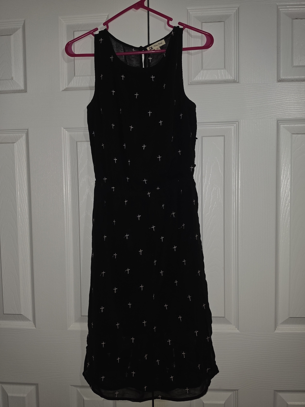 Cotton Candy Black Chiffon Mini Dress with Silver Embroidered Crosses - Size S